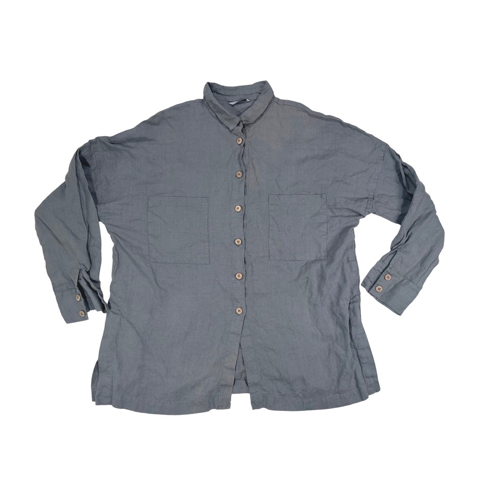 Linenfox Gray Linen Button Down Shirt Oversized Lagenlook Blouse L-XL